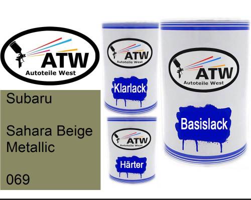 Subaru, Sahara Beige Metallic, 069: 500ml Lackdose + 500ml Klarlack + 250ml Härter - Set, von ATW Autoteile West.